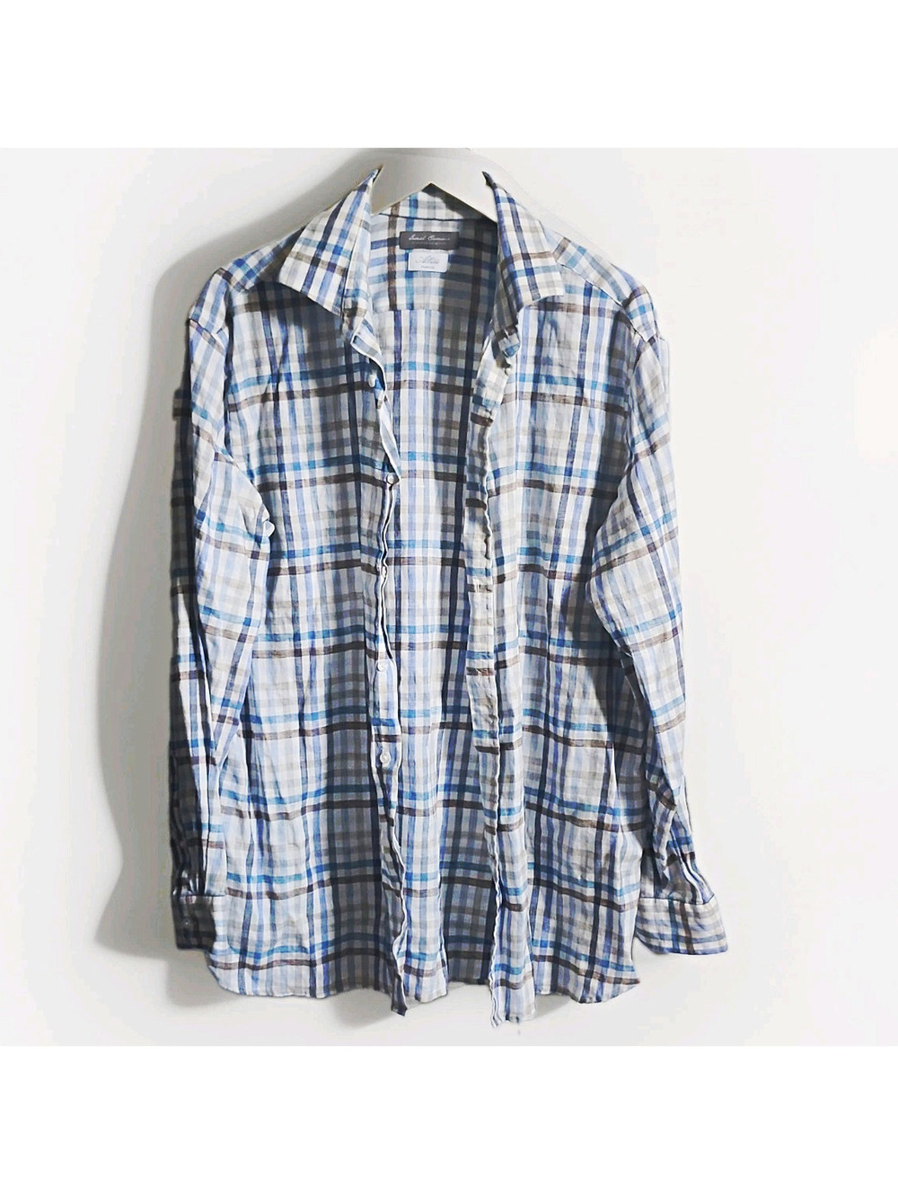 Daniel Cremieux Men's XL Blue White Brown Plaid Linen Long Sleeve Button-Up